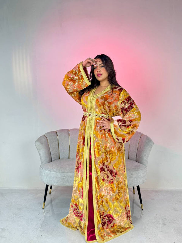 Royal velvet takchita in the colors of the sun - Moroccan luxury with exquisite hand embroidery